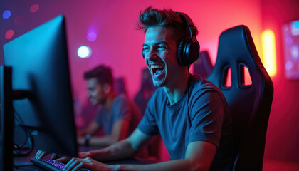 Young professional poker player celebrates big win late night. Energizing gaming environment features vibrant colors intense focus. Player with headset at computer displays high energy, excitement.