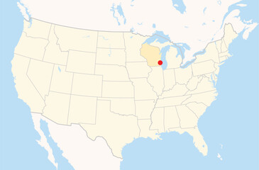 Location Map of the city Milwaukee in Wisconsin, USA. The state is marked orange and the city is highlighted with a red dot. No labels at all.
