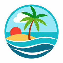 Island Getaway Tropical Scene Palm Tree Sunset Vector Illustration