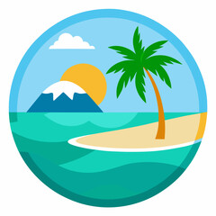 Tropical Island Landscape Vector Illustration With Palm Tree Ocean And Mountain