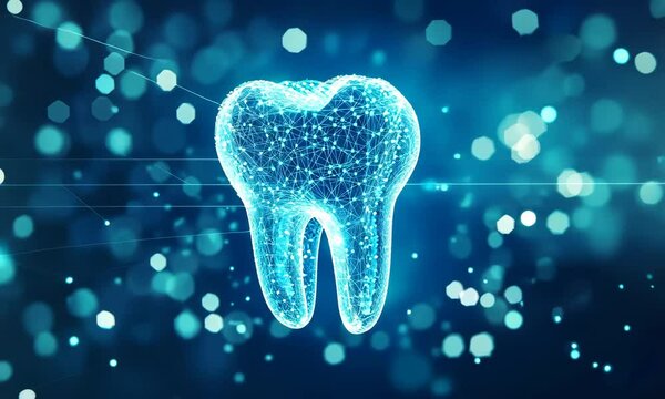 Glowing digital tooth morphing with radiant blue network on abstract background