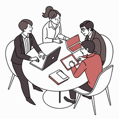 Business Team Discussing Project At Round Table Meeting With Laptops