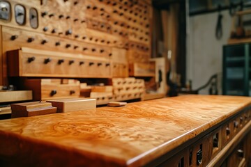 A meticulously crafted wooden workbench showcases intricate drawers and tools.