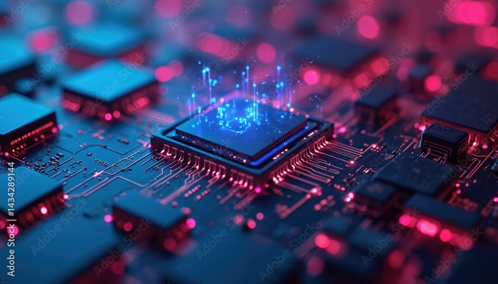 Poster abstract tech illustration of computer microchip with glowing circuit board in blue and red colors. 