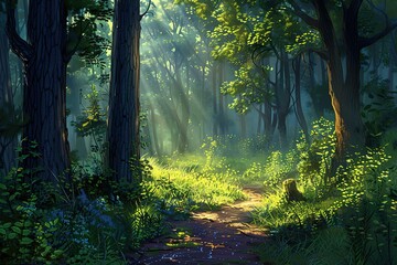 Obraz premium Sunlit forest path with green foliage and tall trees serene and inviting nature scene