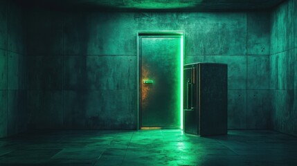 Obraz premium A dark, minimalist room with a glowing green light illuminating a heavy steel safe, mysterious yet modern