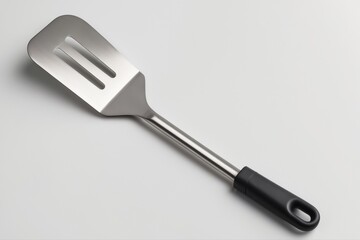 Fototapeta premium A stainless steel slotted spatula with a black handle on white surface