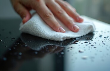 Woman hand wipes water drops from reflective surface with soft white cloth. Clean, hygiene, cleanliness concept. Remove moisture, cleaning, surface care. Close-up photo represents house keeping.