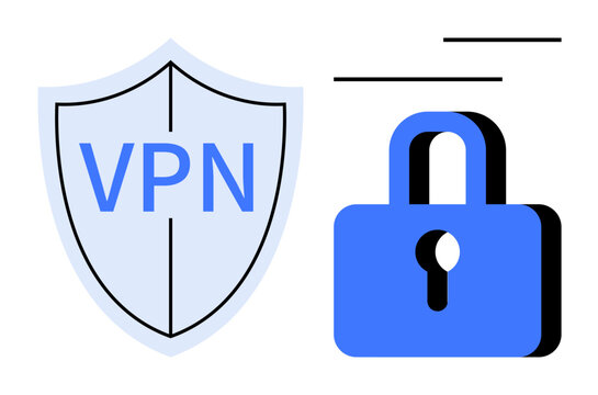 Shield with VPN text paired with a blue padlock, symbolizing internet security, privacy, and encryption. Ideal for cybersecurity, networking, online safety, data privacy, identity theft secure