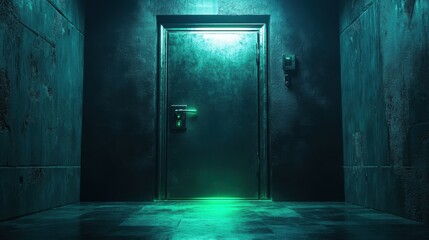 Obraz premium A dark, minimalist room with a glowing green light illuminating a heavy steel safe, mysterious yet modern