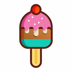 Cute Cartoon Ice Cream Stick With Cherry Topping Vector Illustration