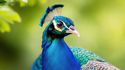 Naklejka premium Vibrant peacock head, detailed close-up in lush green background