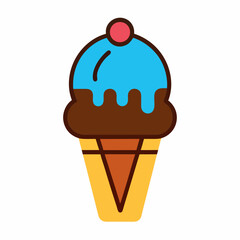 Cartoon Ice Cream Cone With Cherry And Brown Chocolate Syrup
