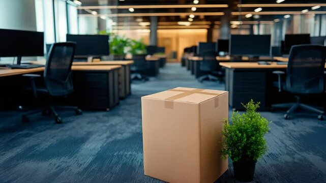 A sealed cardboard box and potted plant sit in sharp focus on the carpet of an empty open-plan office. Concept of employee relocation and transitional workplace change.