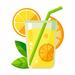 Fresh Orange Juice With Straw And Orange Slices In Flat Design