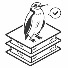 Penguin On Stack Of Books Knowledge Acquisition And Validation Concept