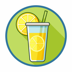 Cartoon Lemonade Drink Illustration In Circle Frame With Straw And Lemon Slice
