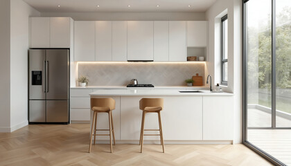 Modern kitchen interior design features white cabinets two stools stainless steel fridge. Warm lighting wood floor chevron pattern. Minimalist design modern style. Clean bright roomy kitchen with