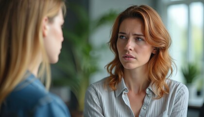 Concerned HR pro observes crucial employee discussion in modern office. Two women talking, dialogue, consultation, support, empathy, collaboration, discussion. HR, human resources, professionalism,