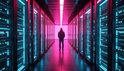Silhouette person stands server room with neon lights. Cyber world, data center with racks of server hardware. Digital tech storage concept. Information processing, network, cyberspace.