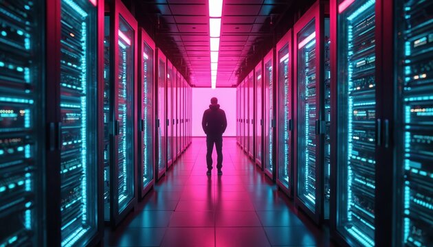 Silhouette person stands server room with neon lights. Cyber world, data center with racks of server hardware. Digital tech storage concept. Information processing, network, cyberspace.