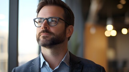 Man in Thought: A thoughtful man wearing eyeglasses and a suit, gazing out a window. It captures a moment of reflection and contemplation with a backdrop of an office environment.