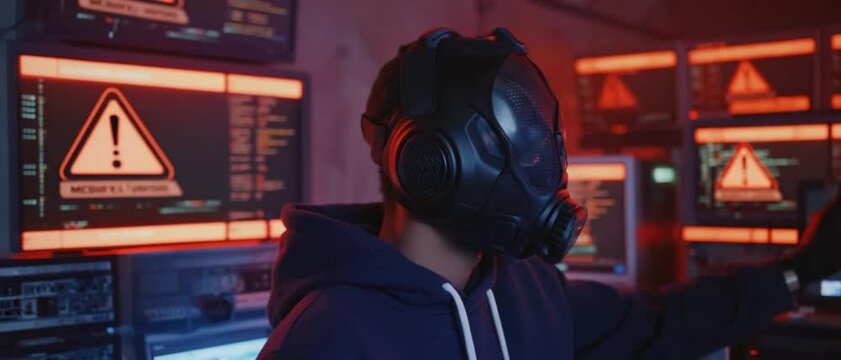 A masked hacker stands in a dim server room lit by red security warnings on multiple monitors. Concept of cyber attack threat and covert digital crime.