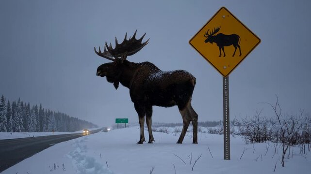 Moose standing by road in snowy winter landscape with road sign