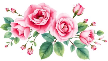 Delicate watercolor rose arrangements, pink blossoms, lush leaves, botanical branches, isolated on white , texture, bloom