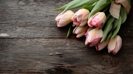 Pink tulips on wooden background