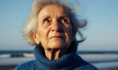 Reflective senior woman observing ocean waves at sunset