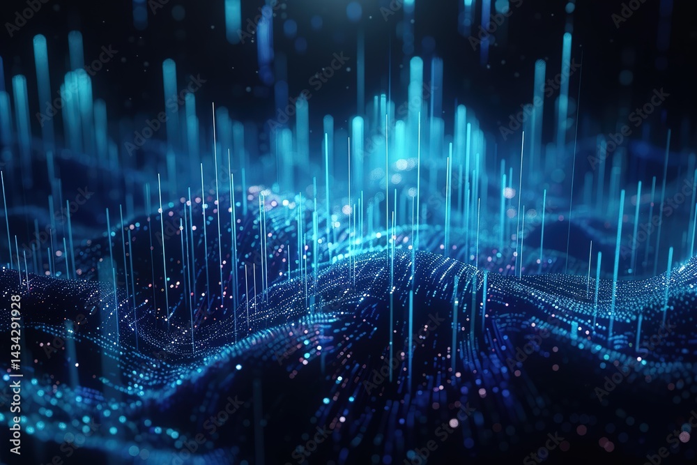 Poster abstract data visualization: glowing lines points and waves in a network