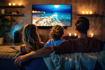 Obraz premium Family watching beach scene on television in warmly lit living room at night