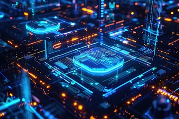 Obraz premium Glowing Electronic Circuit Board: Data Flow and Connectivity in Technology