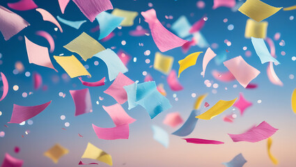 Fototapeta premium Celebration confetti flying through the air against a twilight blue background with natural lighting and sharp texture