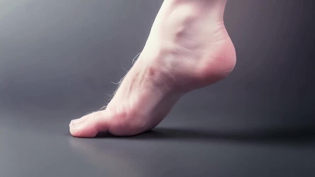Professional male demonstrating detailed foot muscle flexing against neutral gray studio background, highlighting anatomical sole and heel characteristics