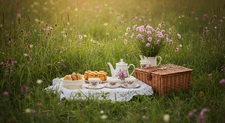 A Tea Party Setup In A Field Of Wild Asteraceae Flowers