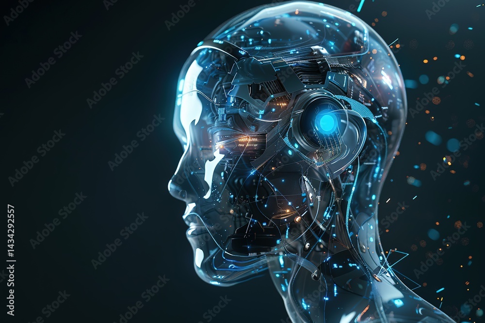 Poster robotic head showing complex internal circuitry representing ai and advanced technology