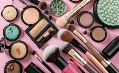 Beauty make up cosmetic women products accessories in line row on pink flat lay background, cheap discount commercial retail sale offer online purchase, top view above copy space, makeup wide banner