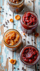 A variety of jars filled with different types of fruit preserves on a wooden table, perfect for Keto dieters seeking low-carb sweet spreads.