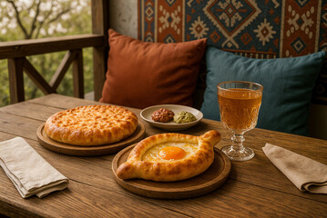 Traditional Georgian Khachapuri and Cheese Bread with Adjika and Herbal Drink