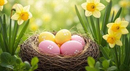 Easter eggs in nest with daffodils for spring holiday celebration