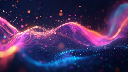 Fototapeta premium Abstract wave of colorful particles glowing in dark space.