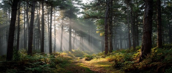 Sunbeams piercing misty forest