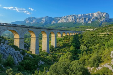 Long stone viaduct stretching across a green valley with mountain backdrop.