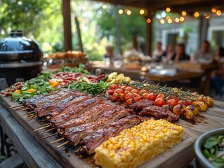Obraz premium Outdoor BBQ Feast: Succulent Ribs, Grilled Veggies & Cornbread Delight Under String Lights, A Summer Gathering With Friends & Family Enjoying Delicious Food.
