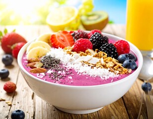 A vibrant and colorful smoothie bowl topped with fresh berries, sliced banana, granola, coconut...