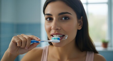 indian woman lady girl brushing teeth with toothbrush and toothpaste on it