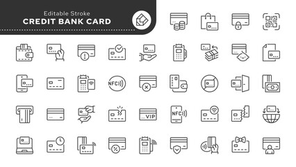 Credit bank card line icon set. Contactless online payment, transfer, transaction, online cash, pay, money, wallet. Outline vector icon in linear style. Series of pictograms.