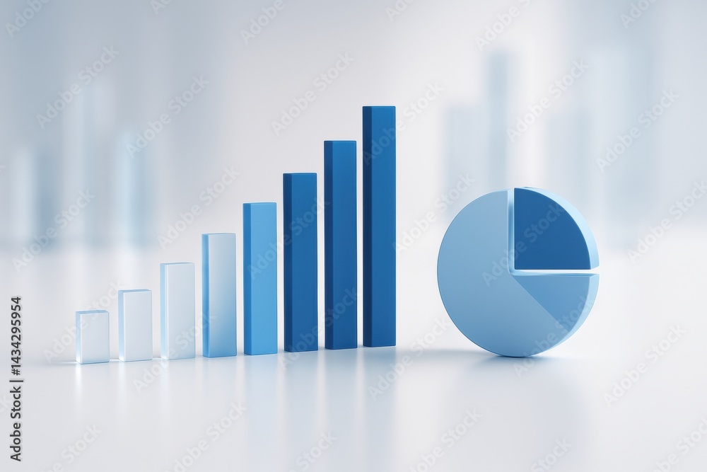 Poster blue growth chart: a visually compelling abstract image of a blue bar chart and a pie chart, represe